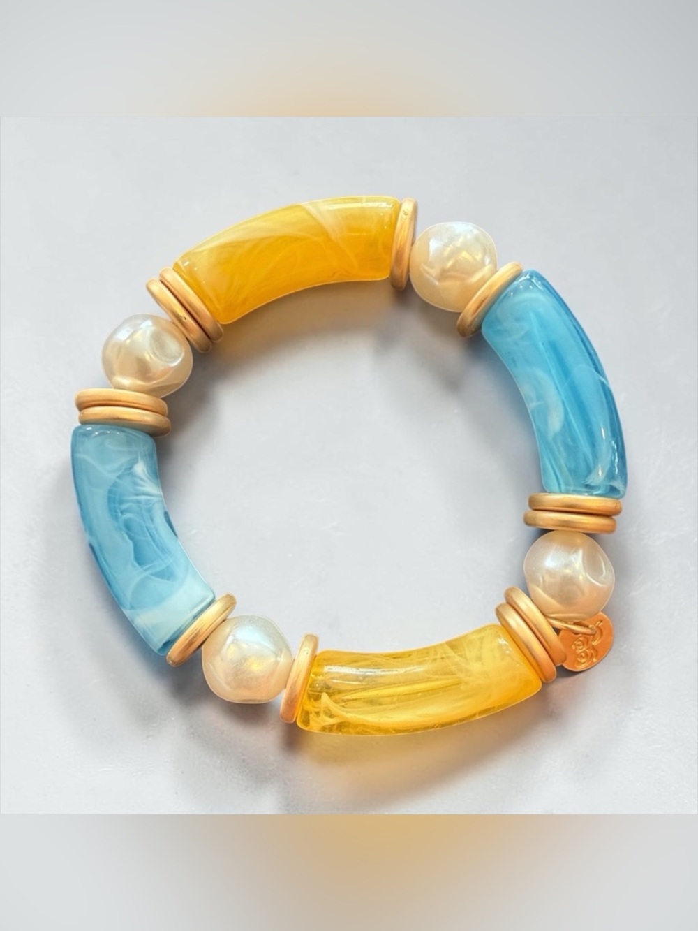 Blue and Yellow Resin Tube Stretch Bracelet with Pearl Accents